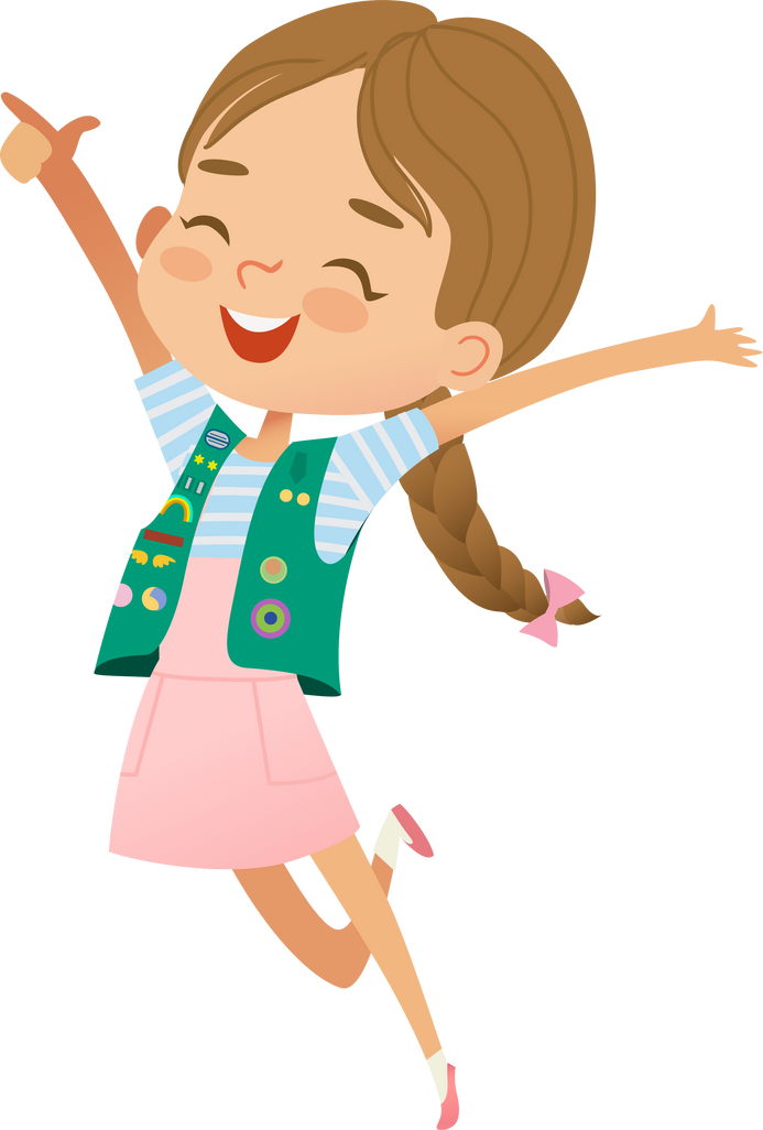 Scout Girl in a Vest Happily Jumping. Junior Scout Girl Illustration